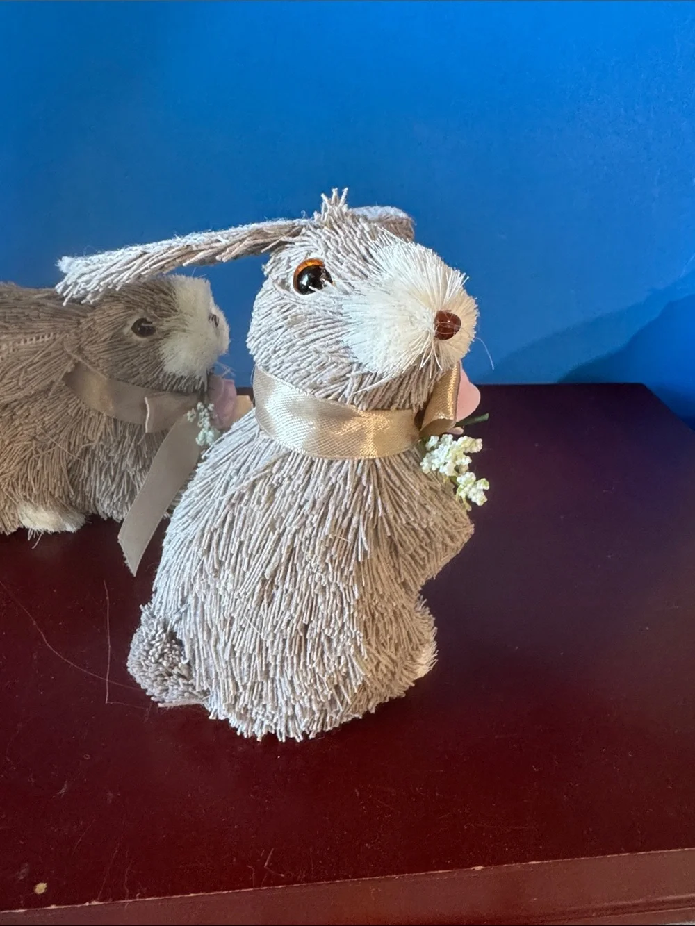 Pair of Easter Bunny Plush Figurines with Pink Rose Accents - Taupe
